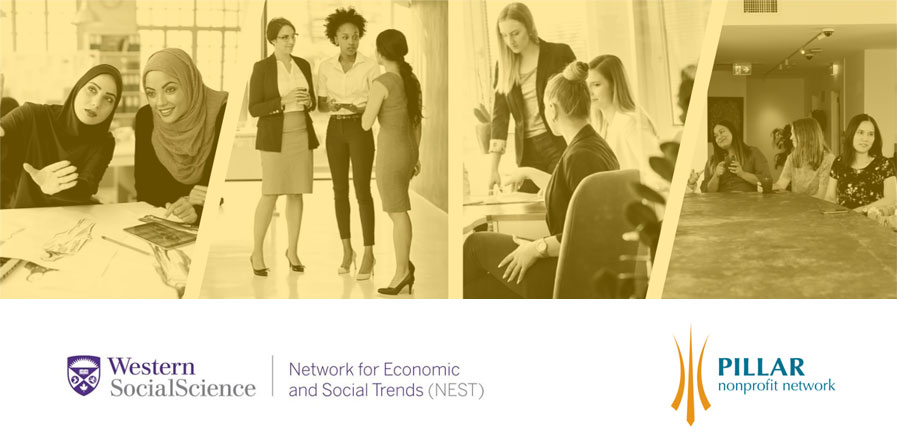 Images of diverse people in offices, over logos of the Network for Economics and Social Trends, and the Pillar Nonprofit Network