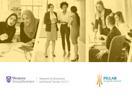 Images of diverse people in offices, over logos of the Network for Economics and Social Trends, and the Pillar Nonprofit Network