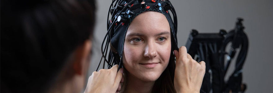 Study participant being fitted with fNIRS headset