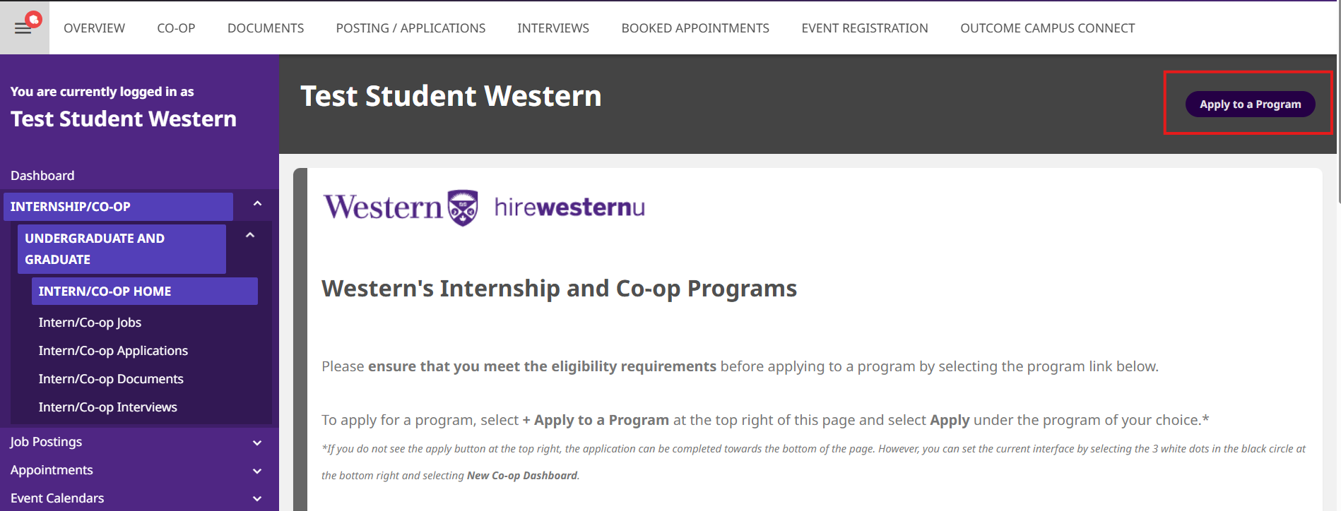 Western Connect Internship Landing Page